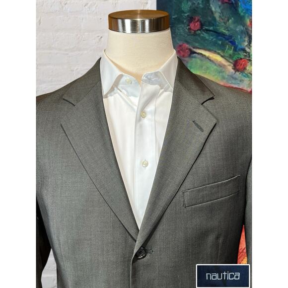 Nautica Mens 41R 32x29 Olive Gray Green Tone Suit Worsted Wool U.S.A. - Picture 3 of 16